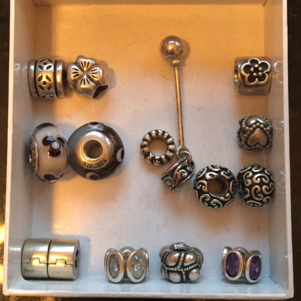 Genuine Pandora sterling silver necklace & beads.